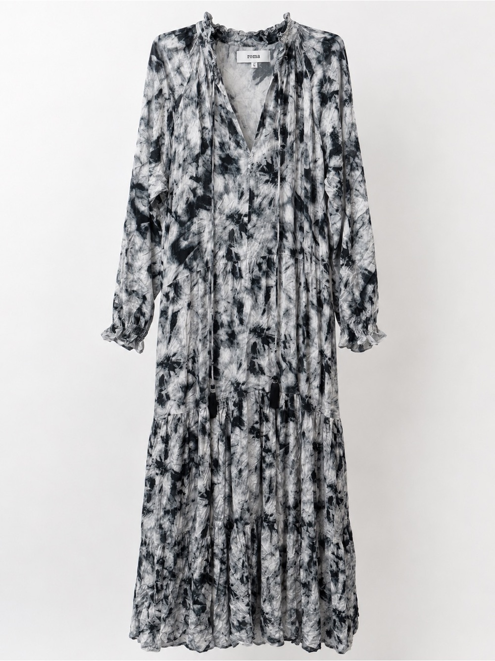 Roma printed maxi dress in a black and white tie-dye design